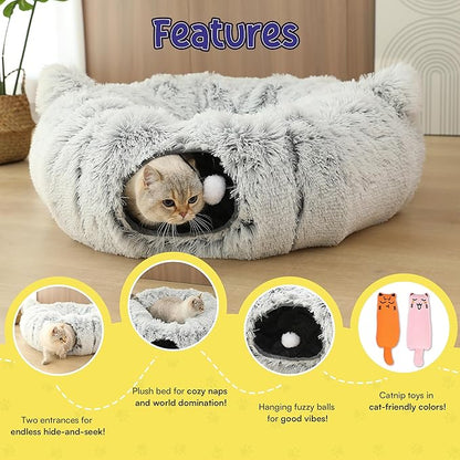 Cat Tunnel Bed Cave with Catnip Toys - Peekaboo Cat Hideaway & Cat Donut Tunnel - 3-in-1 Cat Tunnels for Indoor Cats - Foldable Cute Cat Bed - 32" Washable