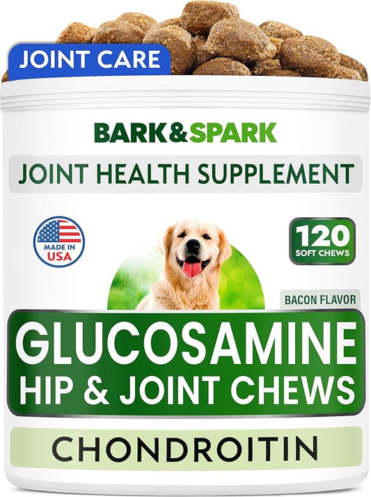 BARK&SPARK Glucosamine Chondroitin Dog Hip & Joint Supplement - Joint Pain Relief - Hip & Joint Chews - Joint Support Large Small Breed - Senior Doggie Vitamin Pill Joint Health (120 Treats - Bacon)