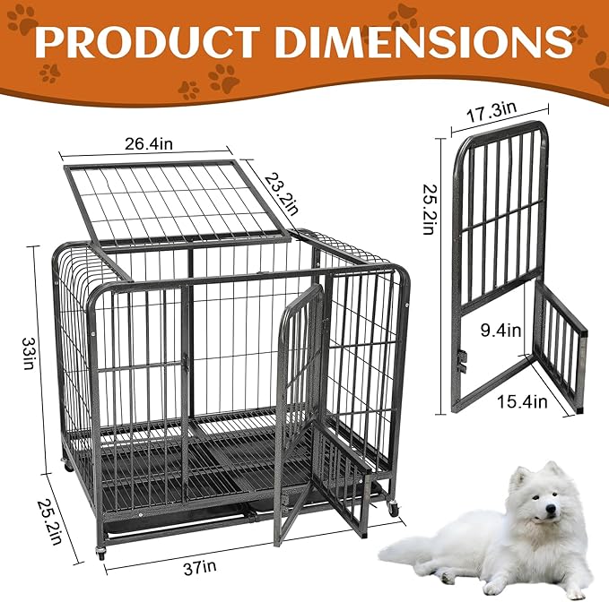 37Inch Indestructible Metal Dog Crates for Small/Medium Dogs, Heavy Duty Escape Proof Dog Kennel Indoor with Lockable Wheels, Dog Crate 37" L x 25.2" W x 33" H