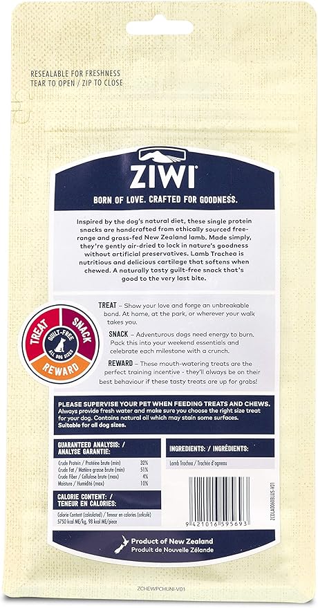 ZIWI Dog Chews and Treats  Lamb Trachea - All Natural, Air-Dried, Single Protein, Grain-free, High-Value Treat, Snack, Reward 2.1 Ounce (Pack of 1)