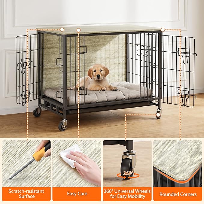 Dog Crate Furniture, 27.2" Wooden Dog Crate with Double Doors & Wheels, Upgraded Kennel End Table, Indoor Cage for Small Dog, Rustic Grey