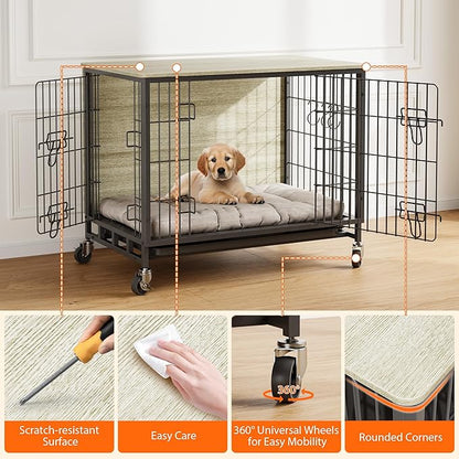 Dog Crate Furniture for Large Dogs, 38.6" L x 25.6" W x 26.8" H Indoor Kennel with Double Doors, Wheels & Removable Tray, Sturdy Dog Cage with Easy Assembly, Rustic Grey