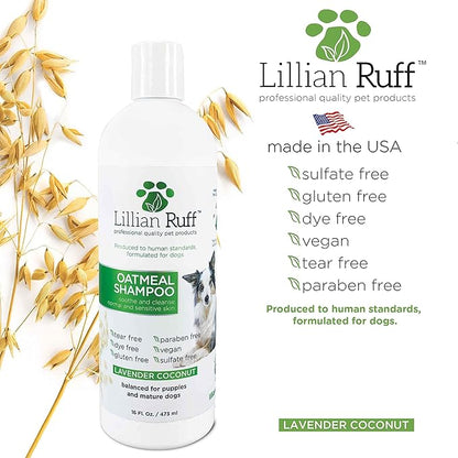 Lillian Ruff Calming Oatmeal Pet Shampoo for Dry Skin & Itch Relief with Aloe & Hydrating Essential Oils - Replenish Moisture & Deodorize - Tearless Dog Shampoo for Normal/Sensitive Skin (16oz)