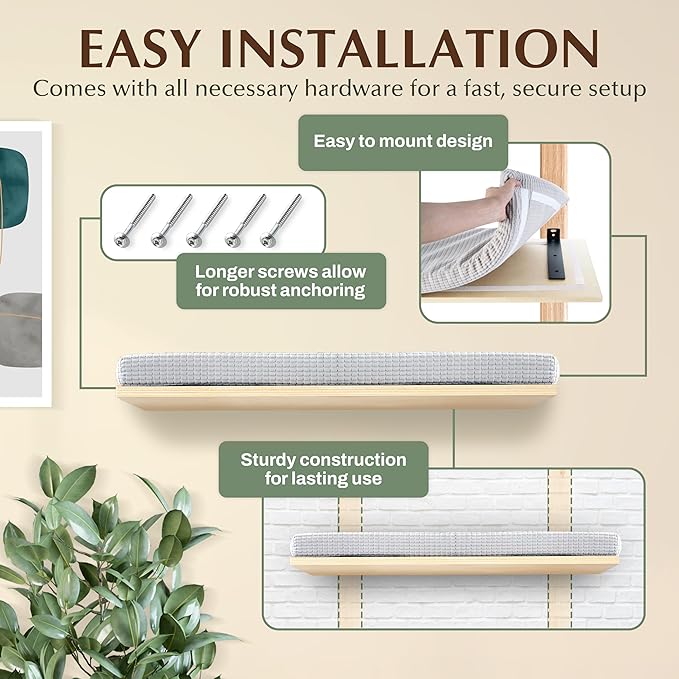 Extra Large 23.6”x12.6” CALLICO HAVEN- Stylish Cat Wall Shelves with Cushion, Modern Wall-Mounted Cat Tree Furniture, Window Cat Shelf & Perch, Sturdy/Hidden Mounts, Washable Cover - Flat Shape