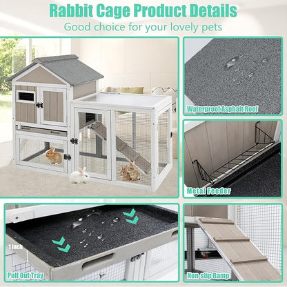 46.5" L Rabbit Hutch Indoor Outdoor Rabbit Cage with Run, Pull Out Tray, Asphalt Roof Large 2 Story Bunny Hutch Wooden Chicken Coop Guinea Pigs Pet House Cage for Small Animals,Grey