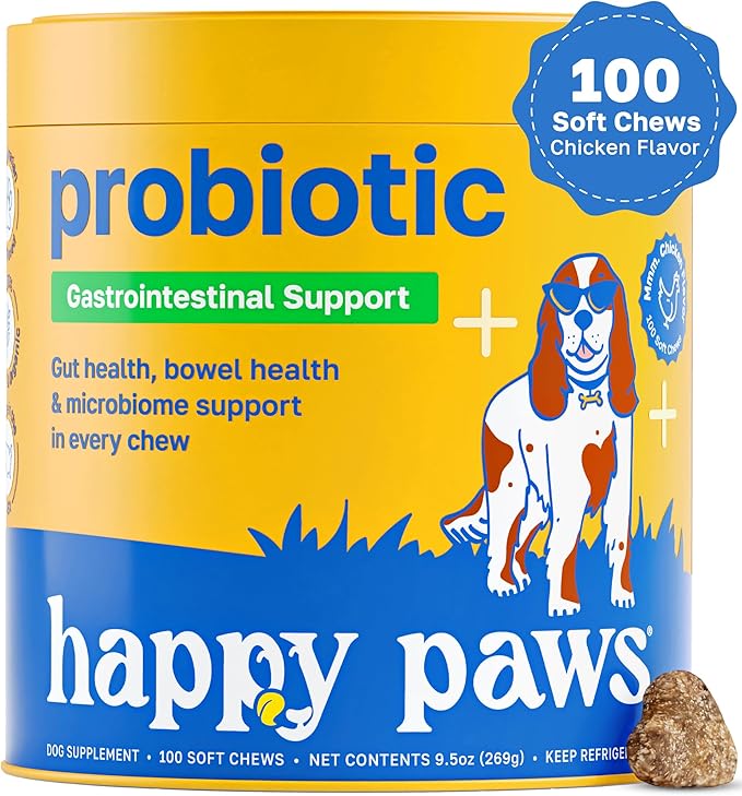 Happy Paws Probiotics for Dogs, Supplements for Gut, Skin, Coat & Immune Support for All Breeds & Ages, Made with Coconut Oil & Vitamin E, Vegan Chicken Flavor, Organic, Non GMO, 200 Soft Chews