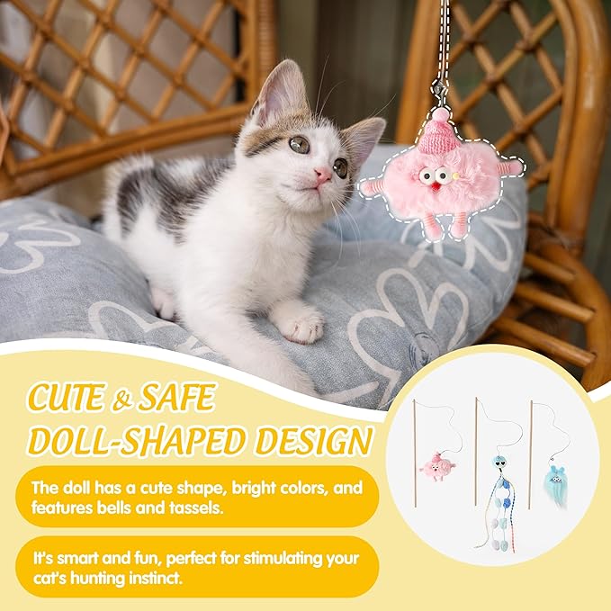 Elastic Cat Wand Toy Funny Interactive Plush Cat Fishing Pole Toy with Bell Soft Natural Wood Kitten Teaser Wand for Indoor Cats Kittens Bored Cats (3 Pack)