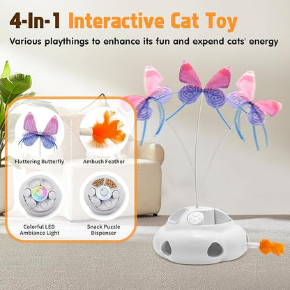 Interactive Cat Toys for Indoor Cats, 4in1 Pet Teaser Toy with Ambush Feather Wand, Motorized Fluttering Butterfly and Slow Feeder, Rechargeable Power Treat Puzzle Toys(White)