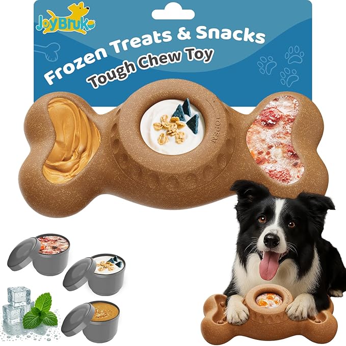 Enrichment Dog Treat Toys - Frozen Dog Treat Dispensing Chew Toy for Aggressive Chewers to Keep Them Busy, Ice Cream Holder Freeze Bone with Mold Cups, Fillable Cognitive Licking Toy, Brown