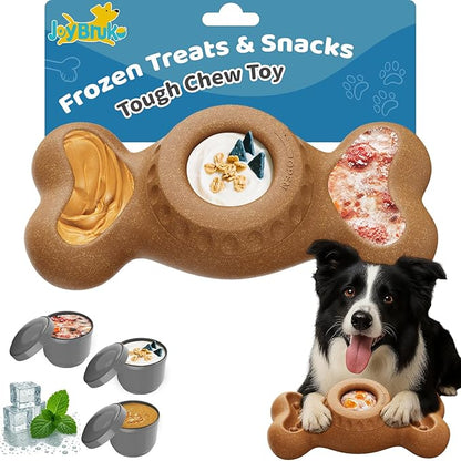 Enrichment Dog Treat Toys - Frozen Dog Treat Dispensing Chew Toy for Aggressive Chewers to Keep Them Busy, Ice Cream Holder Freeze Bone with Mold Cups, Fillable Cognitive Licking Toy, Brown