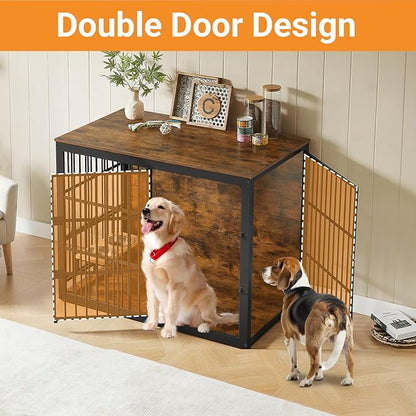 Dog Crate Furniture, 48 Inch Dog Kennel Furniture, Wooden Dog Crate Furniture Large Breed with Rotating Bowls, Heavy Duty Dogs Cage Furniture Indoor, Decorative Crates End Table, Brown