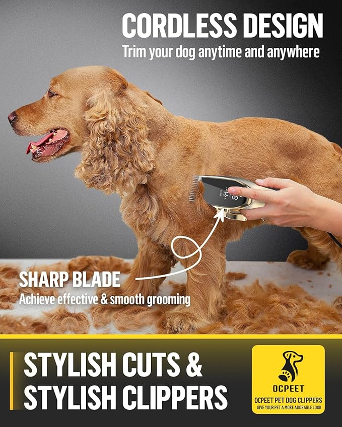Dog Grooming Kit Low Noiseï¼_ordless 4 in 1 Dog Clippers for Grooming Rechargeable Pet Cat Trimmer with 2 Speed,6 Guards,Scissors,Comb for Small Medium Large Pets Dogs Cats Thick Hair Cutting(Gold)