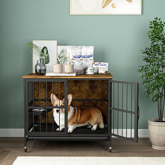 NicBex Dog Crate Furniture Dog Cage with 360 Degree Rotation Height Adjustable Feeding Bowls, Dog Kennels for Inside, Wooden Dog Crate with Lift Top and Wheels, Antique Brown