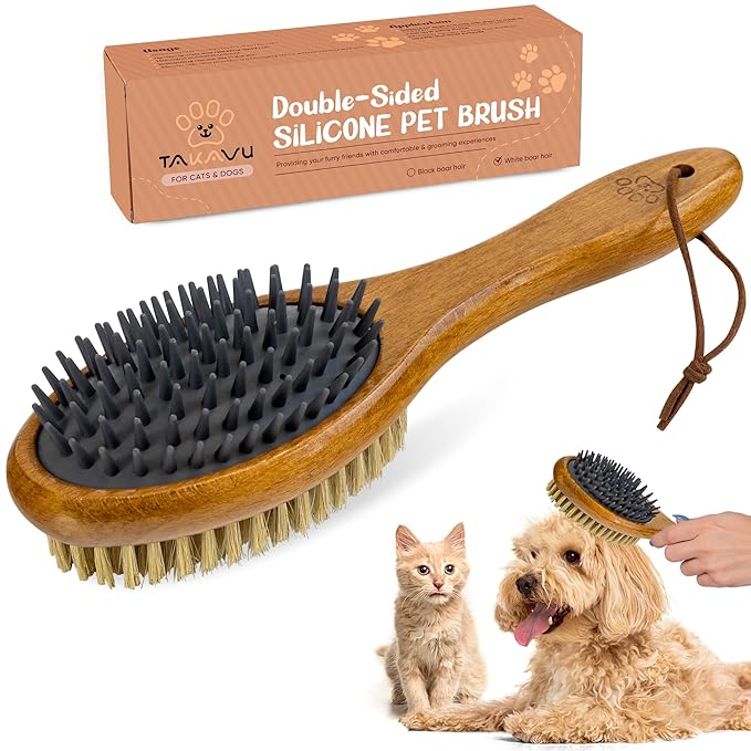 TAKAVU Short Hair Dog Cat Brush, Double-Sided Silicone & Bristle Pet Grooming Brush for Removing Dirt & Loose Hair, Coats Detangling Deshedding, Massage Pet Skin, Wood Handle Pet Comb