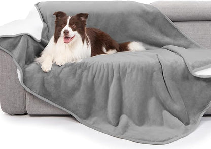 gogobunny Waterproof Bed Blanket, Reversible Sherpa Fleece Throw Blanket for Dog Puppy Cat, Furniture Cover Protects Bed Couch Sofa from Liquid Pee and Pet Fur (Grey, 60x80 inches)