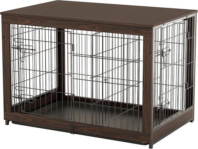 Piskyet Wooden Dog Crate Furniture with Divider Panel, Dog Crate End Table with Fixable Slide Tray, Double Doors Dog Kennel Indoor for Dogs(XL:43.2" L * 28.6" W * 30.3" H,Brown Walnut)