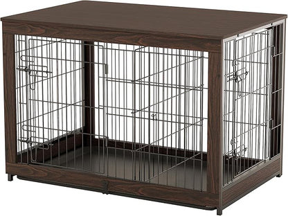 Piskyet Wooden Dog Crate Furniture with Divider Panel, Dog Crate End Table with Fixable Slide Tray, Double Doors Dog Kennel Indoor for Dogs(XL:43.2" L * 28.6" W * 30.3" H,Brown Walnut)