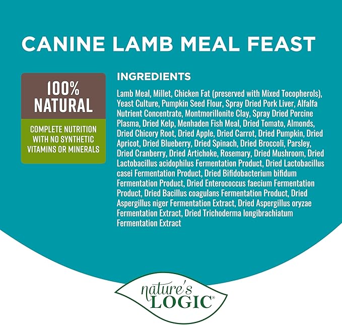 NATURE'S LOGIC Dry Dog Food - 100% Natural - No Synthetics - for All Ages, Sizes, Breeds - Free from Common Allergens, High Protein - Lamb Meal Feast, 13lbs