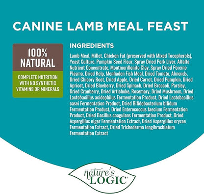 NATURE'S LOGIC Dry Dog Food - 100% Natural - No Synthetics - for All Ages, Sizes, Breeds - Free from Common Allergens, High Protein - Lamb Meal Feast, 13lbs