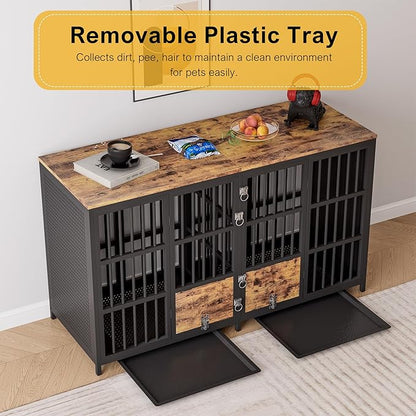 BOINN Large Dog Crate Furniture, 63 inch Heavy Duty Double Dog Crate with Divider, Extra Large Dog Kennel Furniture with Removable Trays for Medium Large Dogs