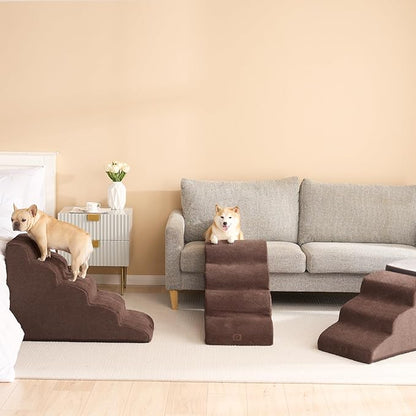 EHEYCIGA Curved Dog Stairs Ramp for High Beds 19.7" H, 4-Step Dog Steps for Small Dogs and Cats, Pet Stairs for High Bed Climbing, Non-Slip Balanced Pet Step Indoor, Brown