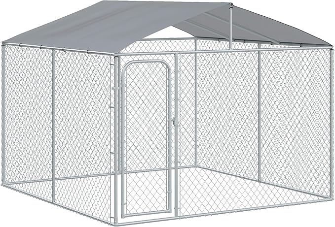 PawHut Large Dog Kennel Outside, Heavy Duty Dog Cage with Waterproof Cover, Outdoor Fence Dog Run with Galvanized Chain Link, Secure Lock, 9.8' x 9.8' x 7.7'