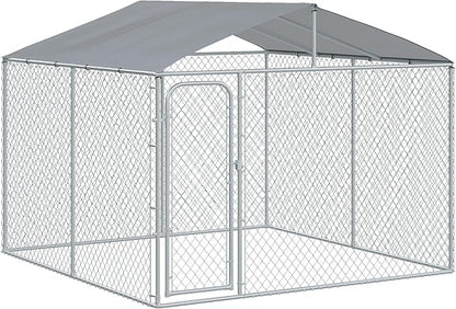 PawHut Large Dog Kennel Outside, Heavy Duty Dog Cage with Waterproof Cover, Outdoor Fence Dog Run with Galvanized Chain Link, Secure Lock, 9.8' x 9.8' x 7.7'
