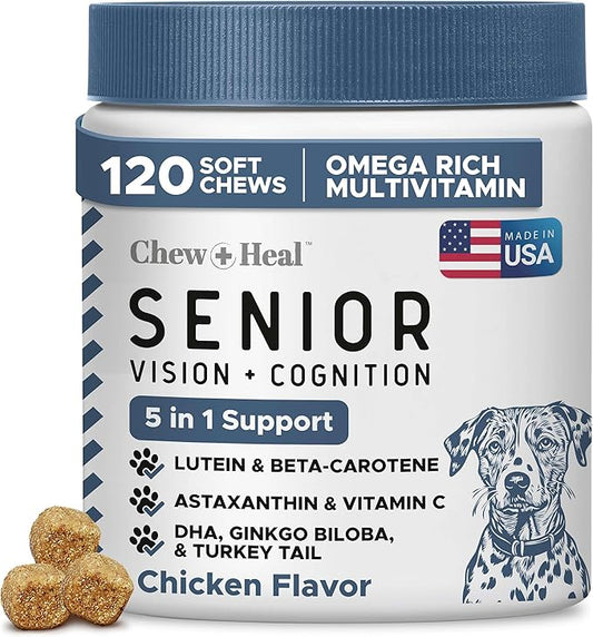 Senior Dog Vision and Cognition Chews - 120 Soft Chews for Dog Eye Care and Memory - 7-in-1 Multivitamin with Omega Fatty Acids, Vitamins, and Botanicals - Made in The USA