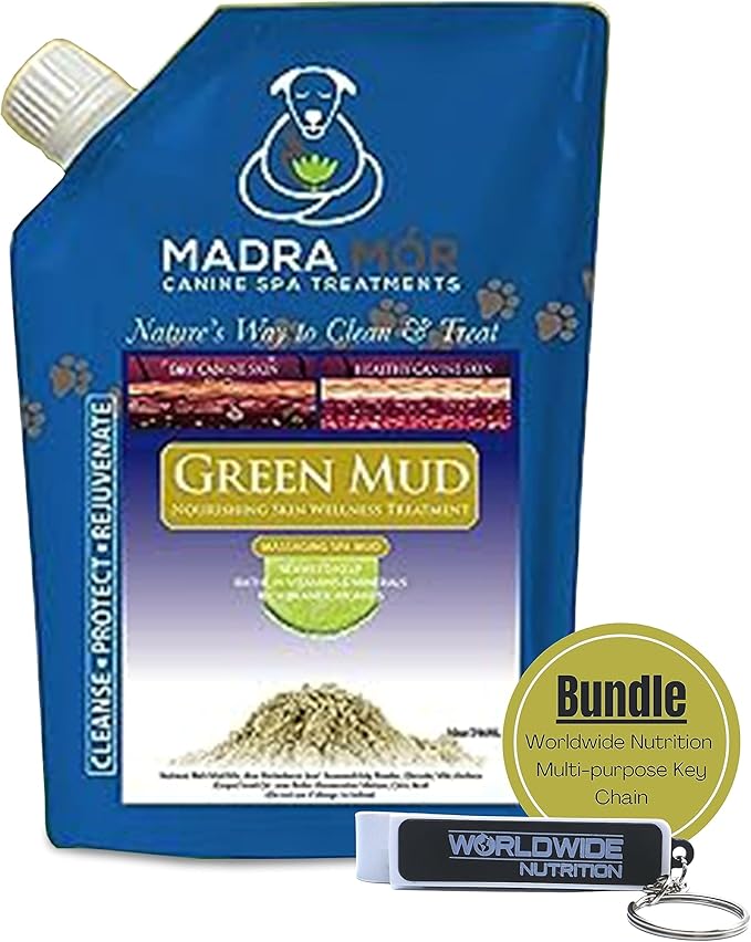 Worldwide Nutrition Bundle: Madra Mor - Dog Essentials Mud Bath, Dog Grooming, Dry Skin for Dogs Treatment, Dog Coat Skin Care Products - 10oz Pouch & Multi-Purpose Key Chain