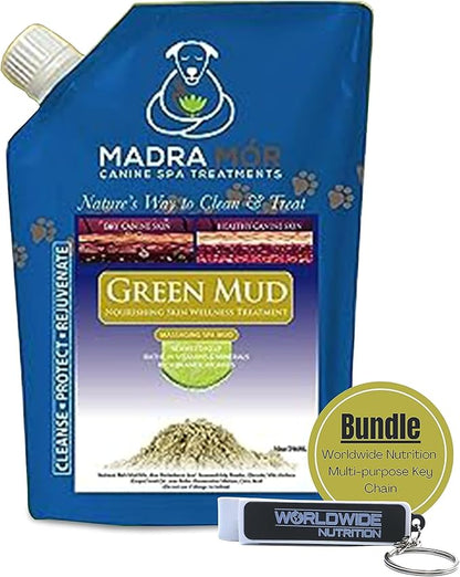 Worldwide Nutrition Bundle: Madra Mor - Dog Essentials Mud Bath, Dog Grooming, Dry Skin for Dogs Treatment, Dog Coat Skin Care Products - 10oz Pouch & Multi-Purpose Key Chain