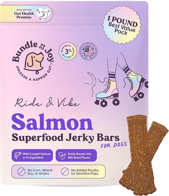 Bundle x Joy Ride & Vibe Dog Treats Salmon Jerky Snack Bars, 16 oz Bag, Puppy Training Treats, Natural Superfood Grain Free, Wild Caught Salmon, Superfoods, Corn, Poultry & Soy Free