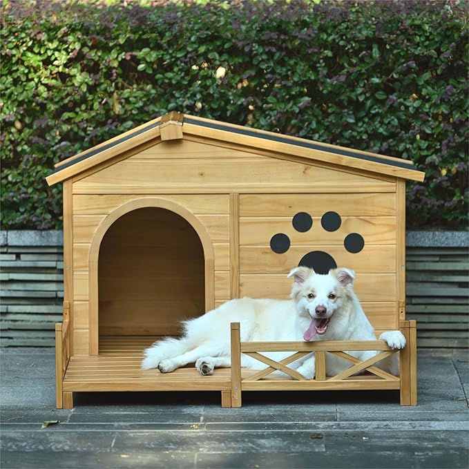 48" Wooden Dog House,Dog Kennel with Wide Porch,Water-Resistant Asphalt Roof and Fence,Indoor & Outdoor Dog Crate W/Paw Print Design,Easy Assembly & Cleaning,for Medium Dogs,Natural