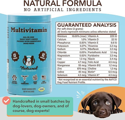 Natural Dog Company 25-in-1 Multivitamin Chews for Dogs – 180 Count Value Pack – Daily Soft Dog Vitamins with Antioxidants, Zinc & Folic Acid – Supports Joints, Skin & Coat, Immune & Heart Health