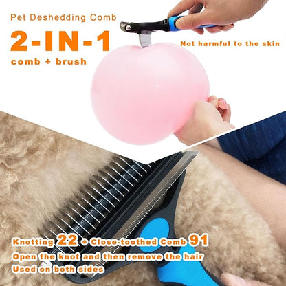 2 in 1 Dog Grooming Brush & Grooming Gloves Combo, Dematting Comb for Dogs - Deshedding Undercoat Rake, Pet Hair Grooming Brush for Long and Short Haired Dogs or Cats(Large, Blue)