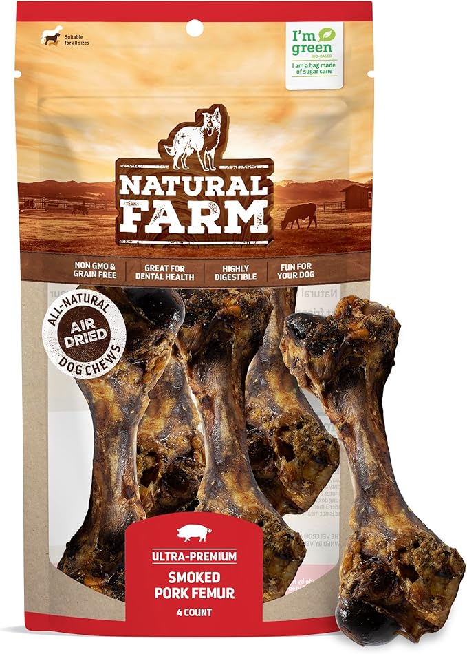 Natural Farm Smoked Pork Femur (4 Pack), 100% Natural Ham Bones for Dogs, High in Minerals & Vitamins, Mental Stimulation, Grain-Free Long-Lasting Bones for Large and Medium Dogs