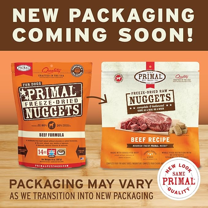 Primal Freeze Dried Raw Dog Food Nuggets, Beef, Complete & Balanced Meal, Also Use as Topper or Treat, Premium, Healthy, Grain Free, High Protein Raw Dog Food, 14 oz (Pack of 2)