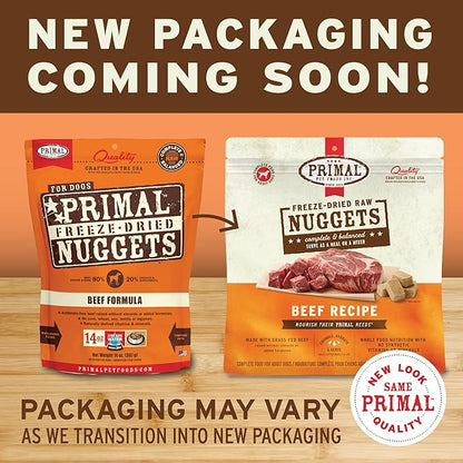 Primal Freeze Dried Raw Dog Food Nuggets, Beef, Complete & Balanced Meal, Also Use as Topper or Treat, Premium, Healthy, Grain Free, High Protein Raw Dog Food, 14 oz (Pack of 2)