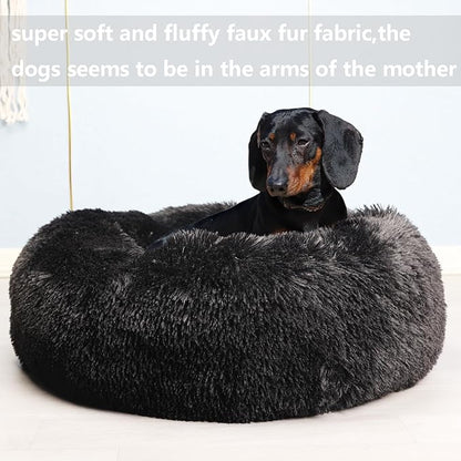 Dog Beds for Medium Dogs Washable Calming Bed for Dogs 28 Inches Black Fluffy and Soft Dog Bed Calm and Anti Anxiety Faux Fur Round Medium Sized Pet Bed for Dog