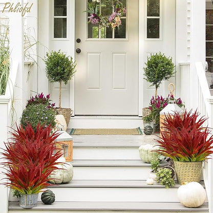6Pcs Artificial Grass Fake Plants 17.3in Outdoor Plants UV Resistant Greenery Stems Fake Grass for Home Window Garden Office Patio Pathway Front Porch Christmas Décor Light Green & Red