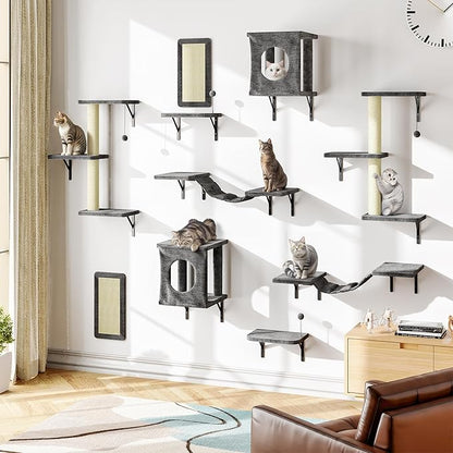 NUNU LAB Cat Wall Shelves, 10-in-1 Wall-Mounted Cat Furniture Set, Large Cat Climber Set with House, Bridge, Steps, Scratcher, DIY Playground, Shelves for Indoor Wall Furniture Set - Gray
