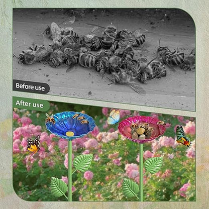 4Pcs Bee Watering Station, Metal Bird Water Feeder Butterfly Bath Bowl, Colorful Flower Shape Pollinator Watering Stake for Outdoor Yard Garden Decor (Red,Green,Blue,Yellow)