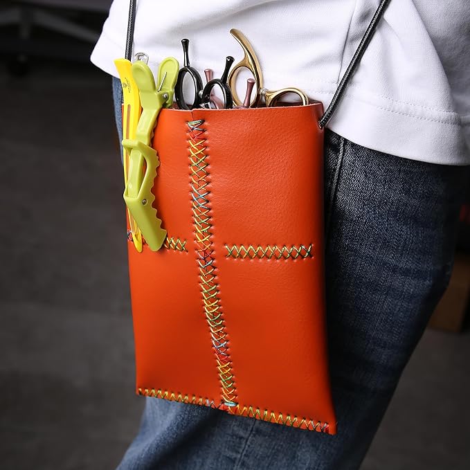 Dog Grooming Scissors Storage Bag: Hand-stitched, Show-quality Head Layer Calf Leather, Holds 5 Pairs of Dog Grooming Scissors Orange