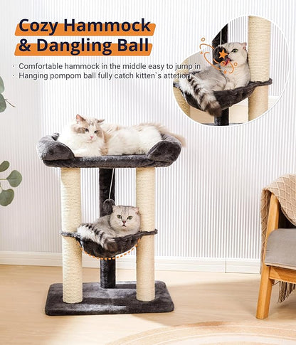 Happi N Pets 28" Cat Tree Tower for Indoor Cats, Tall Cat Scratching Post with Large Bed for Maine Coon Big Cats, Sisal Cat Scratcher with Soft Perch & Hammock, Stable Cat Stand, Removable Cover-Gray