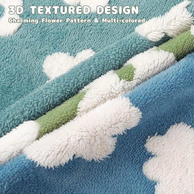 Luciphia Waterproof Pet Blanket for Medium Large Dogs Washable Fluffy Thick Jacquard Shag Fleece Warm Sherpa 3D Textured Flower Print for Cats Puppy Couch Protection (Green,85x57 inches)