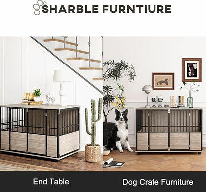 PawHut 46" Dog Crate Furniture End Table, Wooden Dog Kennel Indoor Pet House with 3 Doors, for Small to Large Dogs