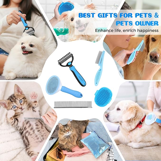 5 in 1 Dog Grooming Kit, Self Cleaning Slicker Brush for Shedding Short Long Haired Dogs & Cats, Includes Pet Comb, Flea Comb, Bath Brush, Undercoat Rake, Blue