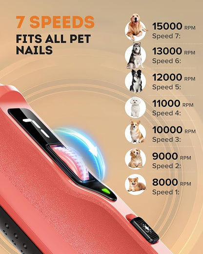 YABIFE 7-Speed Dog Nail Trimmers, Professional Dog Nail Grinder with Light - Heavy Duty Pet Nail Grinder for Dogs/Cats/Birds/Small Animals - Whisper Quiet, Single Hand Operation