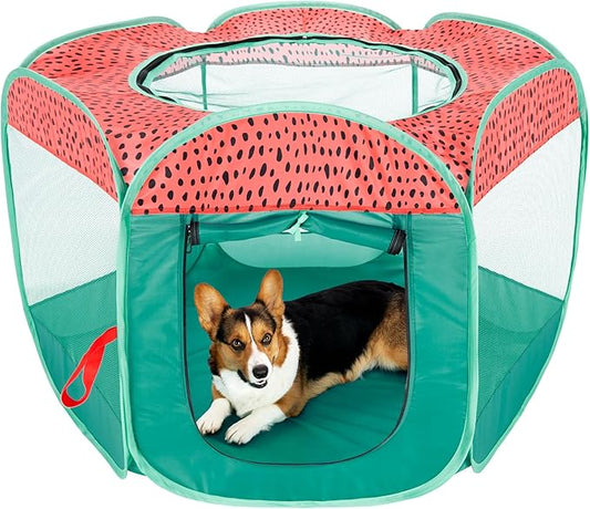 Furhaven Portable Dog Playpen Cat Tent, Pet Playground/Kennel Foldable Indoor Outdoor Zippered Puppy Crate - Green & Pink, Large