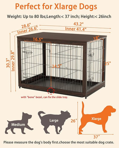 Piskyet Wooden Dog Crate Furniture with Divider Panel, Dog Crate End Table with Fixable Slide Tray, Double Doors Dog Kennel Indoor for Dogs(XL:43.2" L * 28.6" W * 30.3" H,Brown Walnut)