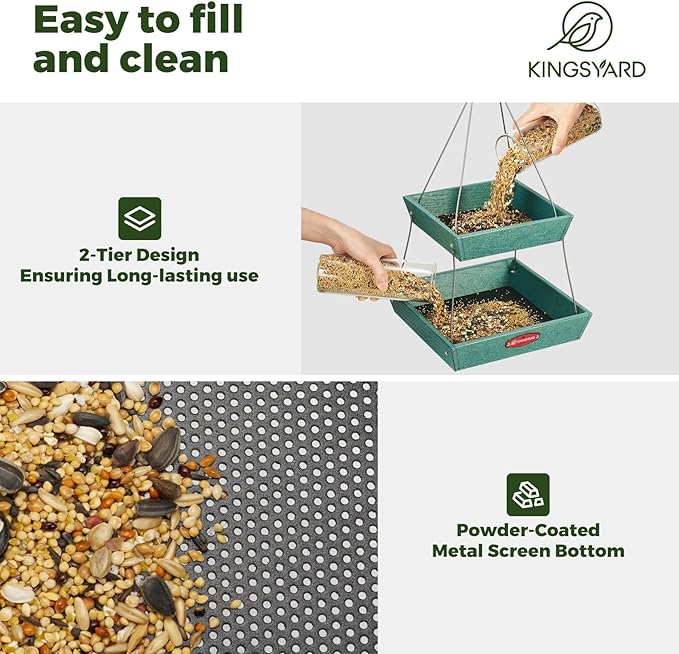 Kingsyard 2 Tier Platform Bird Feeders for Outdoors Hanging, 5 lbs Large Capacity Recycled Plastic Flat Mealworm Bird Feeder Tray, Garden Decoration Attracting Cardinal Blue Jay, Green